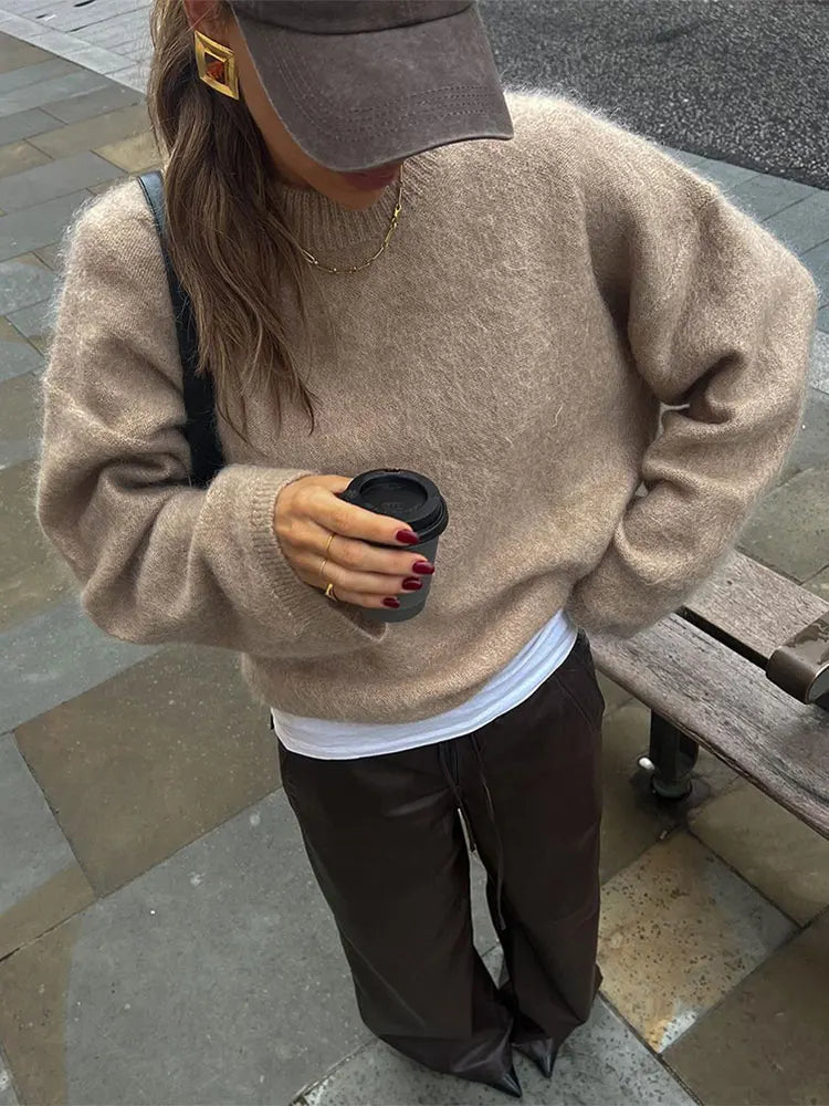 Advbridge Elegant Solid Mohair Soft Knitted Pullover Women Casual O-neck Long Sleeve Loose Sweater Autumn Warm Lady High Street Knitwear ﻿ Scalloped Neck Pullover