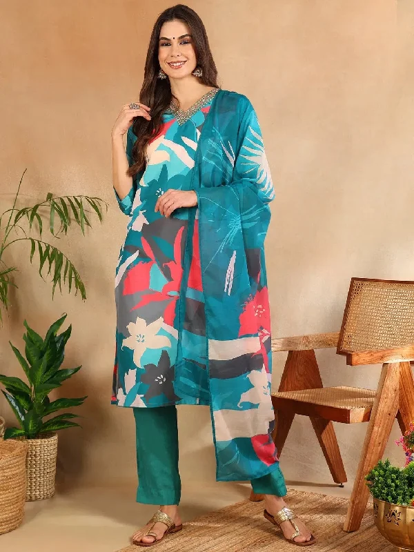 Ahika Women Teal Silk Blend Floral Printed Straight Kurta Trouser With Dupatta-PKSKD2639 Trousers Bestseller Popular