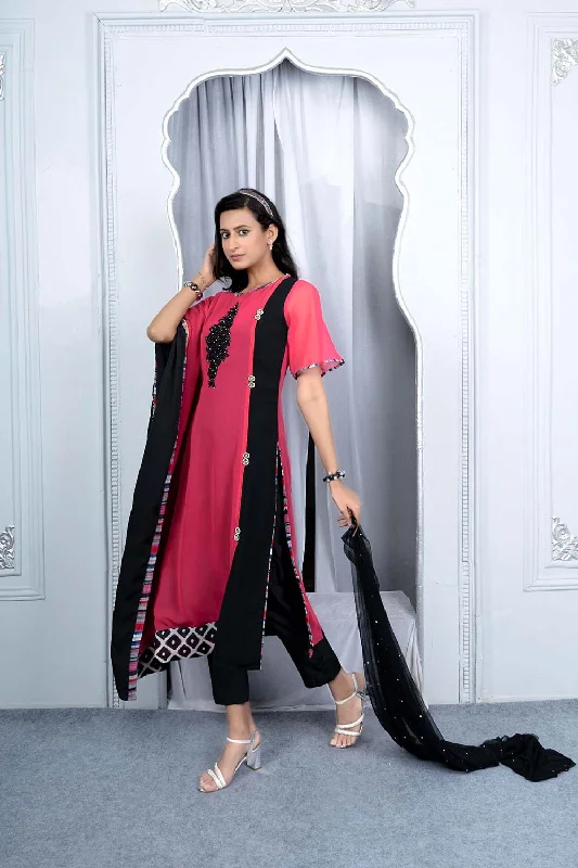 Pink Georgette Stitched Asymmetrical Trouser Kurta Dupatta Readymade Suits Trousers Satin Smooth