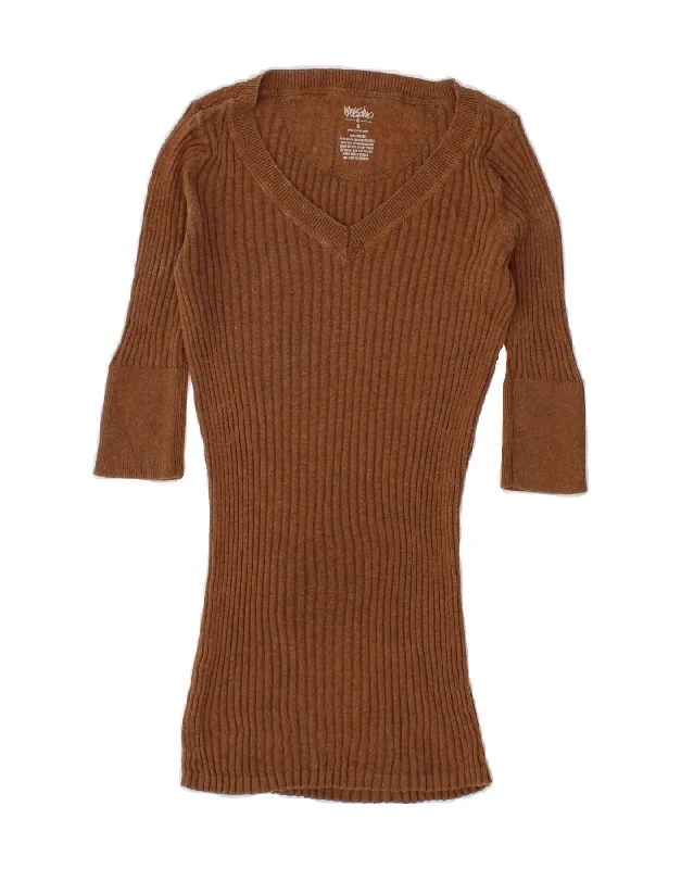 MOSSIMO Womens Short Sleeve V-Neck Jumper Sweater UK 8 Small Brown Cotton Hooded Caped Shawl Collar