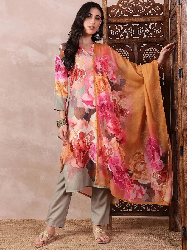 Ahika Women Olive Silk Blend Floral Printed Straight Kurta Trouser With Dupatta-PKSKD2556OLV Trousers Cargo Utility