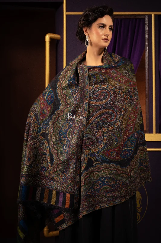 Pashtush Womens 100% Pure Wool With Woolmark Certificate Shawl, Paisley Weave Design, Black Classic Wool Shawl Wrap