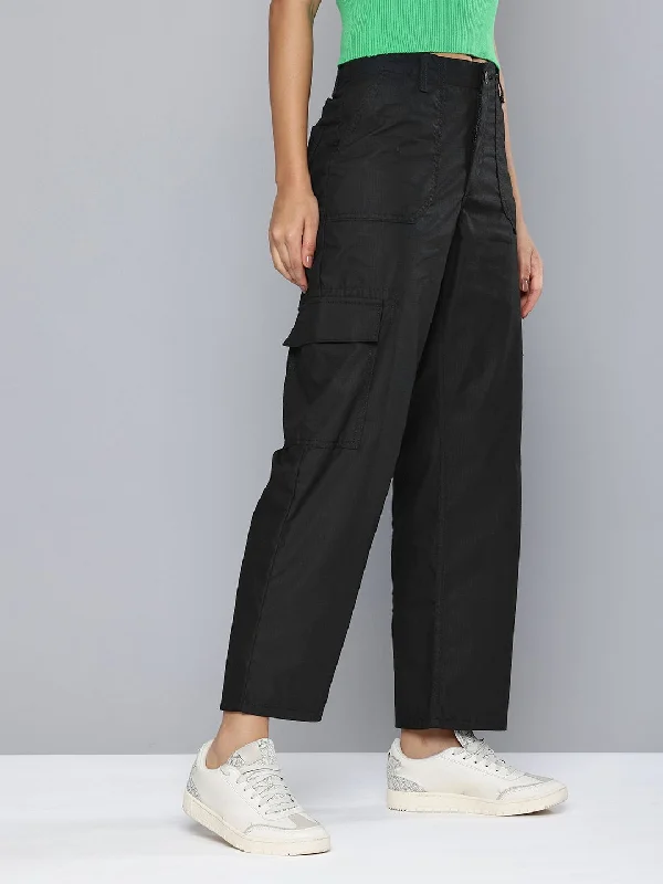 Women's Mid Rise Black Cargo Trousers Trousers Satin Smooth