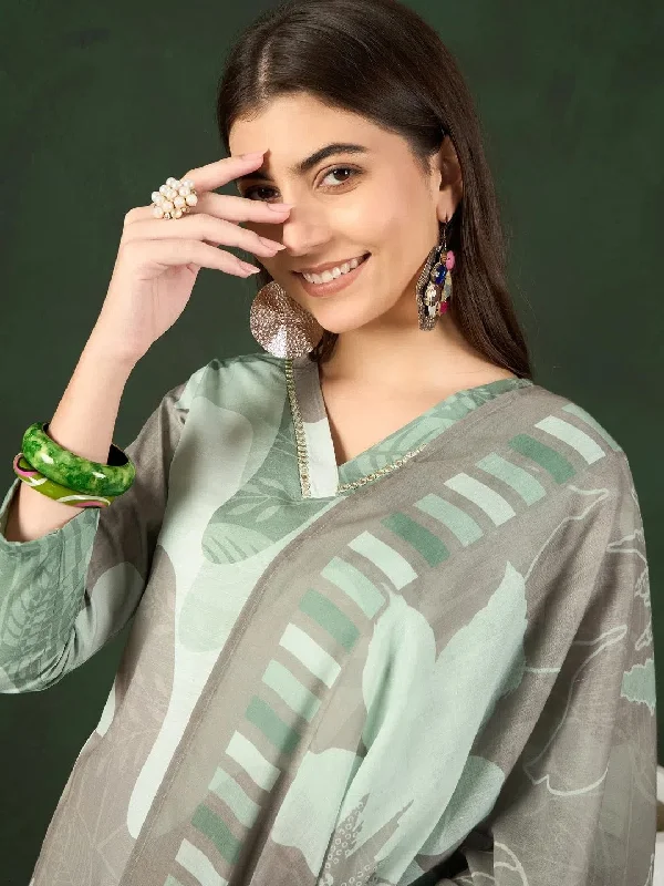 Ahika Women Green Silk Blend Abstract Printed Straight Kurta Trouser With Dupatta-PKSKD2541GRN Trousers stylish elegant