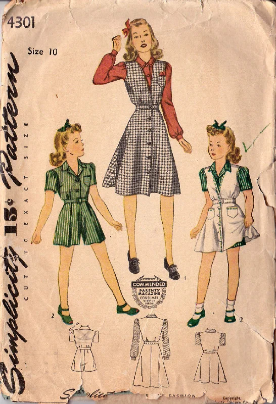1940's Girls' Jumper, Blouse & Dress, Original Simplicity 4301 Spandex Blend Rayon Blend Denim Blend