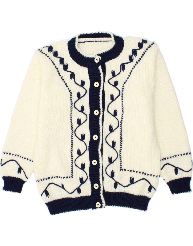 VINTAGE Womens Cardigan Sweater UK 14  Large Off White Floral Bright Pastel Dark