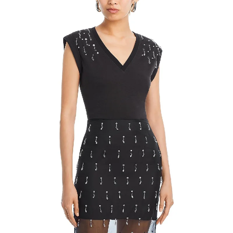 Womens Cotton Embellished Pullover Top Lapel Neck Sweater