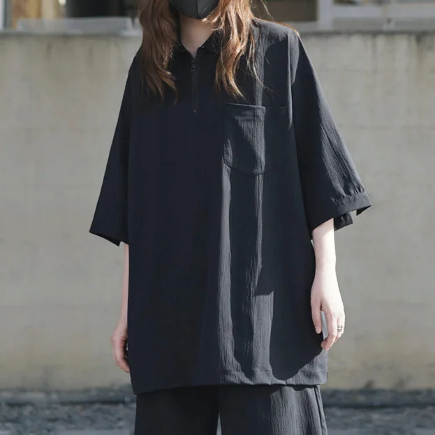 Half Zip Pullover Loose Short Sleeve T-Shirt Polo Neck Sweater
