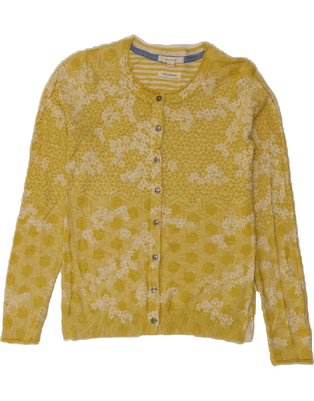 WHITE STUFF Womens Cardigan Sweater UK 6 XS Yellow Geometric Cotton Open Front Closed Front Wrap Front