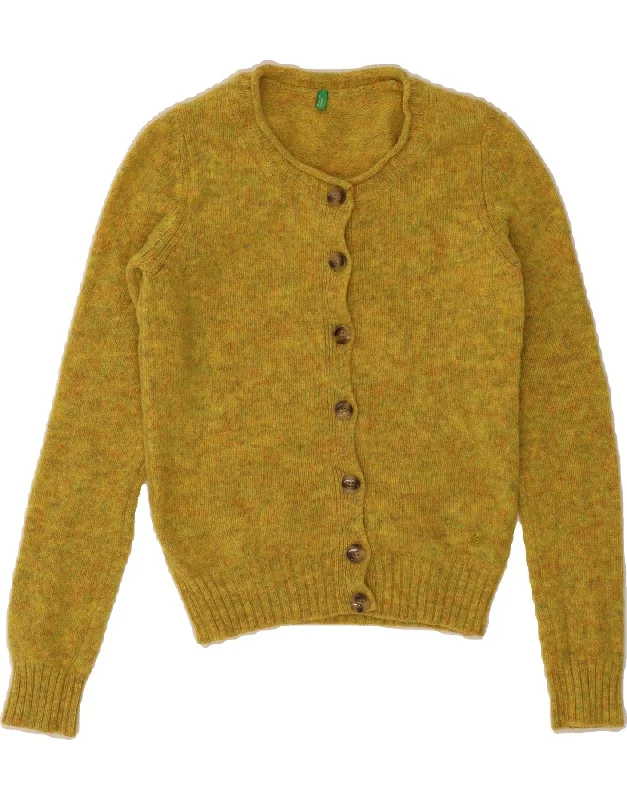BENETTON Womens Cardigan Sweater UK 10 Small Yellow Flecked Wool Cable Knit Ribbed Knit Lace Knit