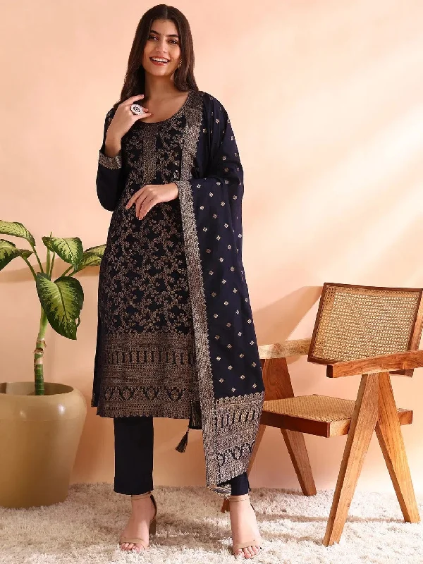 Ahika Women Navy Blue Chanderi Cotton Woven Design Straight Kurta Trousers With Dupatta-PKSKD2591 Trousers Fleece Cozy
