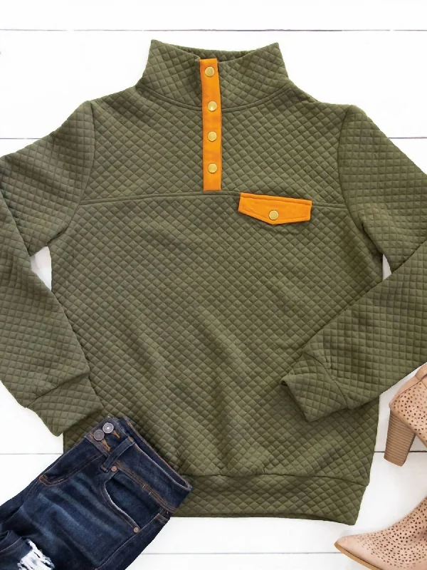Women's Kennedy Quilted Pullover In Olive Surplice Neck Pullover