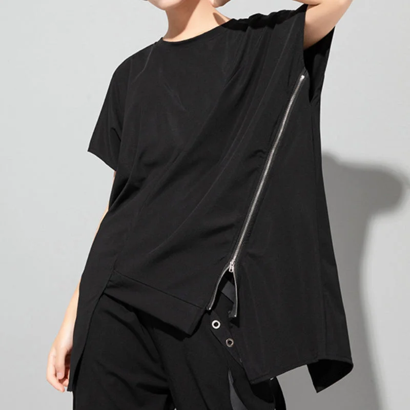 Asymmetric Zip Round Neck Pullover T-shirt Kimono Neck Pullover