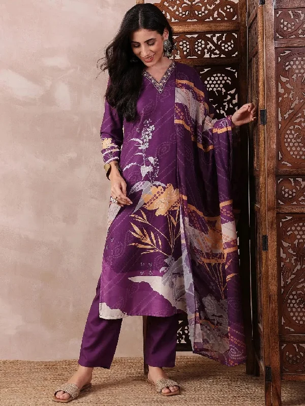 Ahika Women Purple Silk Blend Floral Printed Straight Kurta Trouser With Dupatta-PKSKD2536PPL Trousers Custom Made