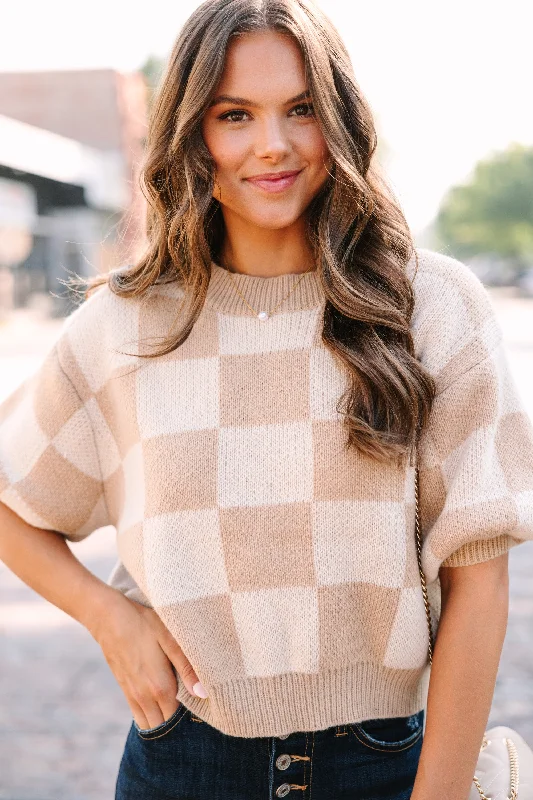 Love Like That Latte Brown Checkered Crop Sweater Satin Fabric Silk Fabric Chiffon Fabric