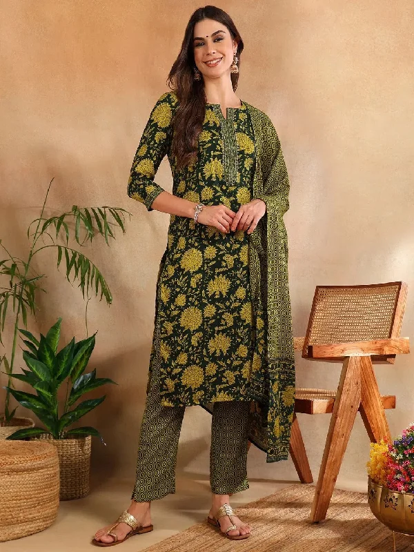 Ahika Women Green Rayon Blend Floral Printed Straight Kurta Trouser With Dupatta-VKSKD2257 Trousers Essential Wardrobe