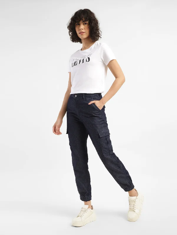 Women's Mid Rise Blue Cargo Trousers Trousers Canvas Durable