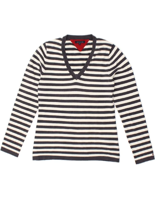 TOMMY HILFIGER Womens V-Neck Jumper Sweater UK 12 Medium Navy Blue Striped Cotton Fabric Linen Fabric Terry Fabric