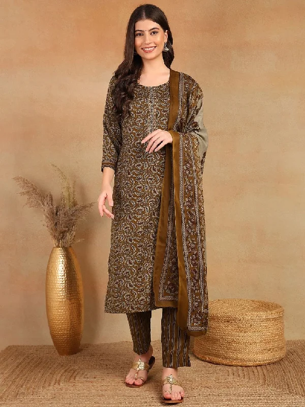 Brown Cotton Blend Ethnic Motifs Printed Straight Kurta Trouser With Dupatta Trousers trendy modern