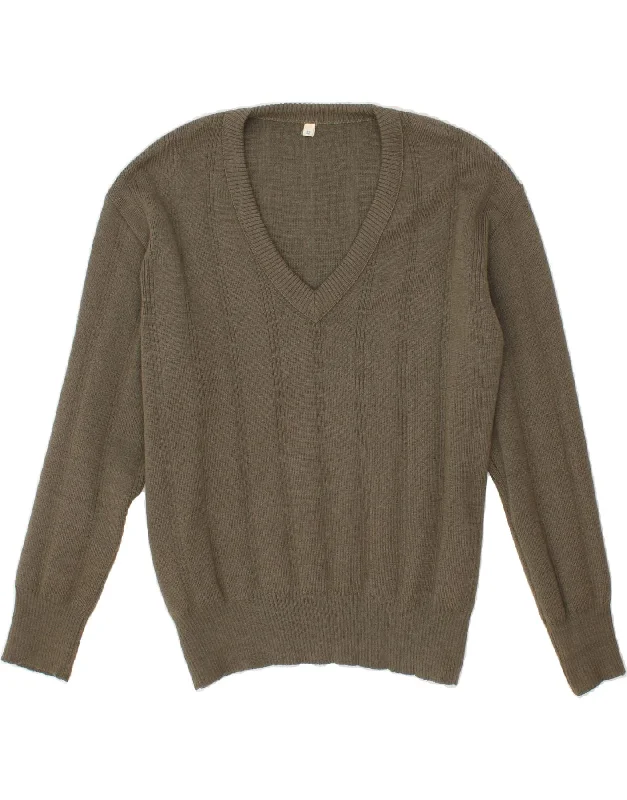 VINTAGE Womens V-Neck Jumper Sweater IT 52 2XL Khaki Jersey Fabric Tulle Fabric Batik Fabric