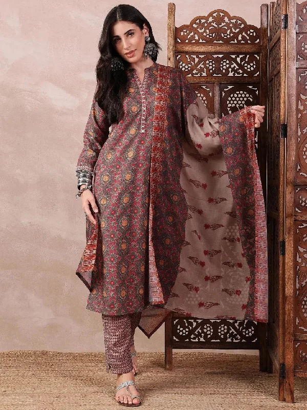 Ahika Women Green Poly Cotton Floral Printed Straight Kurta Trouser With Dupatta-PKSKD2569GRN Trousers Palazzo Wide Leg