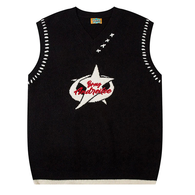 Advbridge Mens Sleeveless V-neck Vest Sweater Harajuku Vintage Color Matching Embroidery College Knit Pullover Women Casual Loose Jumpers Notched Neck Pullover