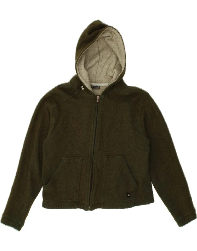 CHAMPION Womens Crop Hooded Cardigan Sweater UK 14 Large Khaki Wool Thin Thick Dense