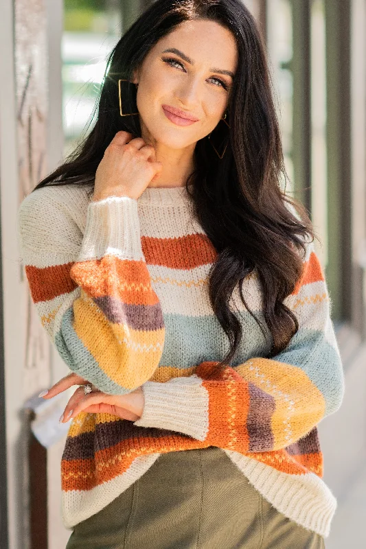You're The One Ivory White Striped Sweater Seamless Knitted Crochet