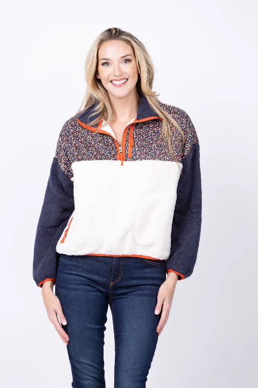 The Great.  The Plush Colorblock Terrain Half-Zip Pullover in Mountain View Floral / Chalk Ruffled Neck Pullover