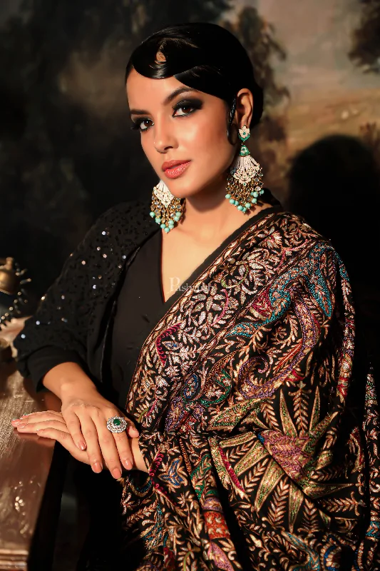 PASHTUSH WOMENS PASHMINA SHAWL, KASHMIRI TILLA WORK, HANDLOOM, MULTICOLOURED Trendy Oversized Shawl Cape