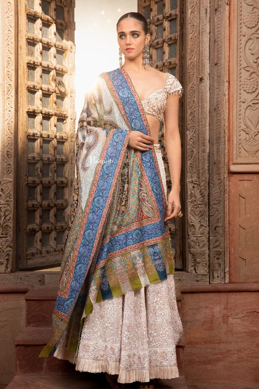 Pashtush Womens Kalamkari Shawl, Extra Fine Silk Wool with Embroidery, Ivory and Blue Soft Wool Shawl Wrap
