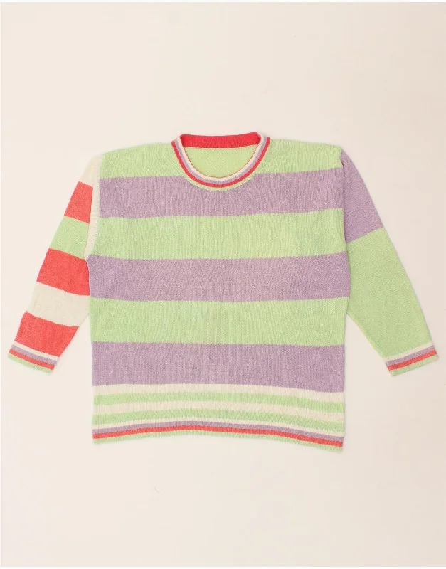 VINTAGE Womens Crew Neck Jumper Sweater UK 14 Medium Multicoloured Striped Welt Pockets Slit Pockets Flap Pockets