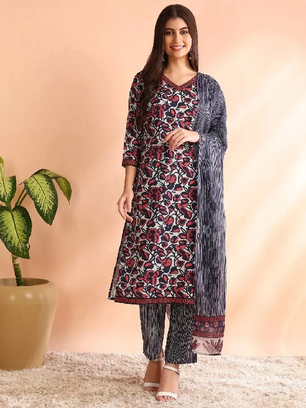 Ahika Women Grey Rayon Blend Floral Printed Straight Kurta Trouser With Dupatta-PKSKD2593 Trousers Party Sparkling