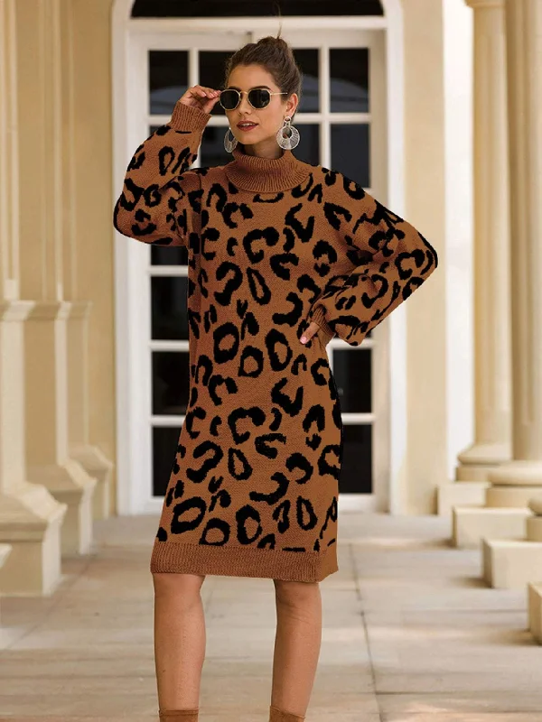 Haute Edition Women's Leopard Print Thick Knit Turtleneck Balloon Sleeve Sweater Dress Mesh Blend Leather Blend Suede Blend