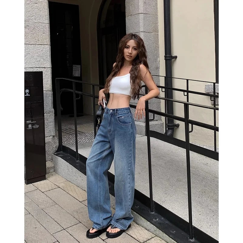 Advbridge - Blue Women Jeans High Waist Fashion American Vintage Streetwear Y2K NEW Wide Leg Jean Female Denim Trouser Baggy Denim Pants Trousers Seasonal Trendy