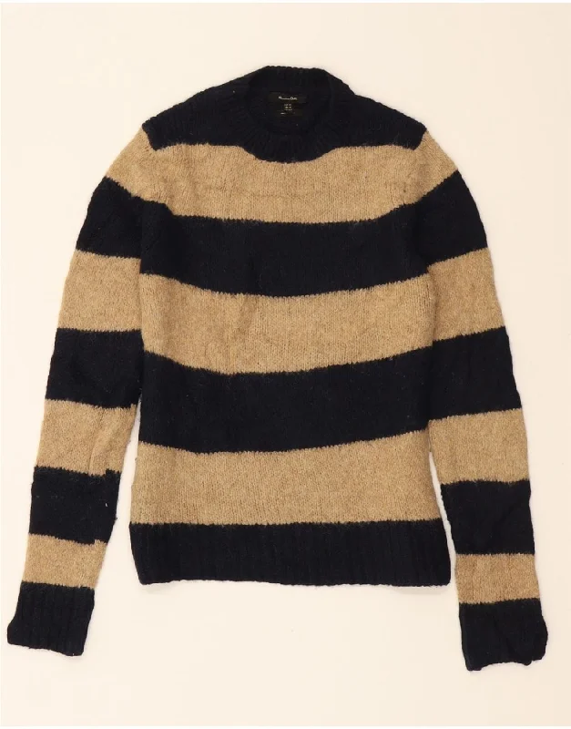 MASSIMO DUTTI Womens Crew Neck Jumper Sweater UK 6 XS Black Striped Cotton Neon Metallic Matte