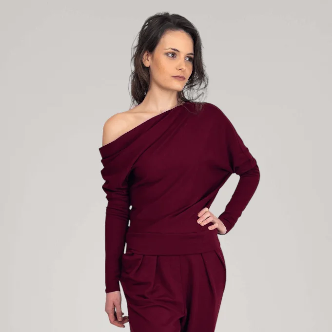 One-Shoulder Fine French Terry Sweater | Tourmaline Terry Blend Velvet Blend Canvas Blend