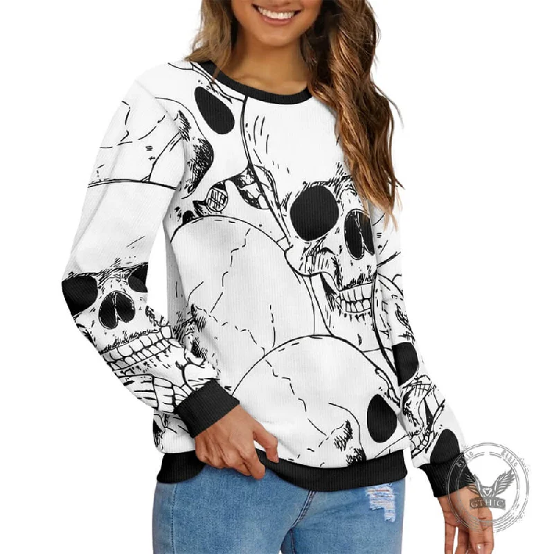 Spooky White Skull Pattern Knitted Pullover Sweatshirt Faux Fur Trim