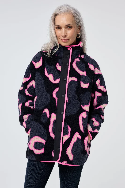 Navy with Pink Mega Shadow Leopard Button Through Fleece Jacket Welt Pockets Slit Pockets Flap Pockets