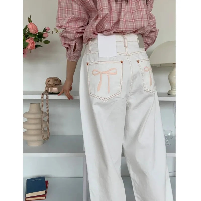 Advbridge 2024 New Korean Casual White Jeans Kawaii Pink Bow Embroidery Denim Pants Button Wide Leg Trouser Chic Straight Pant For Women Trousers luxurious premium