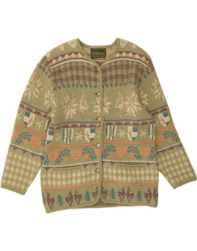 SIGI SCHEIBERG Womens Cardigan Sweater EU 40 Medium Green Fair Isle Wool Boat Neck Shawl Collar Notched Collar