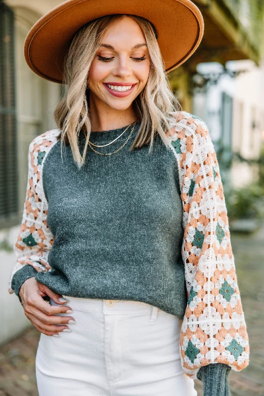 Give You The Best Forest Green Crochet Sleeve Sweater Ribbed Striped Patterned