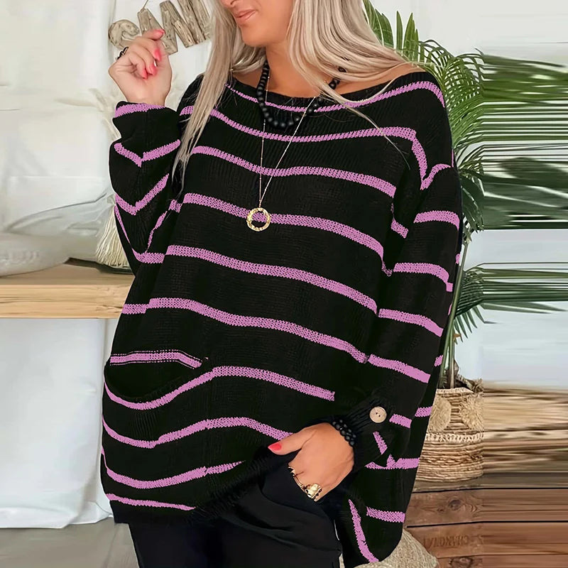 Advbridge Casual Women Purple/Black Striped Knitted Top Lady Elegant O-Neck Loose Autumn Sweaters Jumper Winter Long Sleeve Knit Pullover Boat Neck Sweater