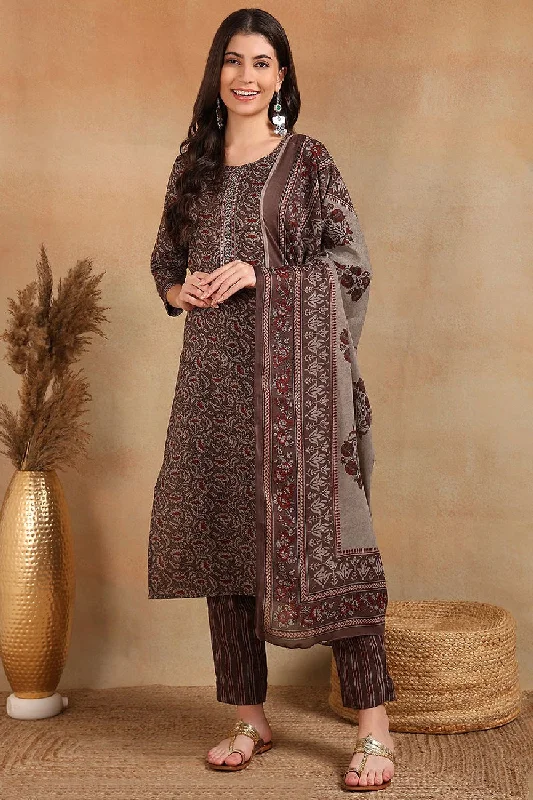 Grey Rayon Blend Ethnic Motifs Printed Straight Trouser Suit Set Trousers Review Highly