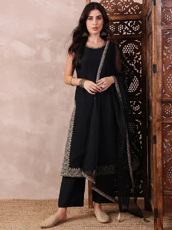 Ahika Women Black Silk Blend Solid Embroidered Straight Kurta Trouser With Dupatta-PKSKD2608 Trousers Pleated Formal