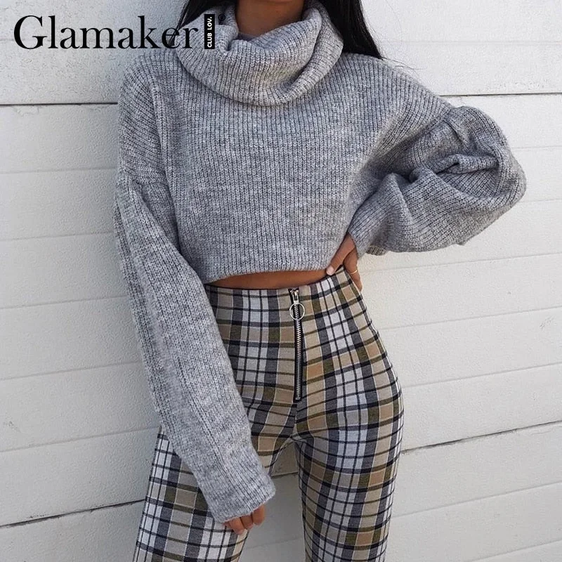 WILUXE Grey knitted turtleneck crop sweater Women autumn pull short sweater ladies jumper winter Female pull knitwear pullover High Neck Crew Neck V-Neck