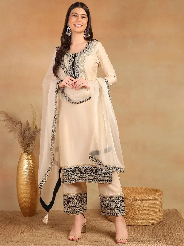 Ahika Women Cream Silk Blend Solid Embroidered Straight Kurta Trouser With Dupatta-PKSKD2530CRM Trousers Spring Floral