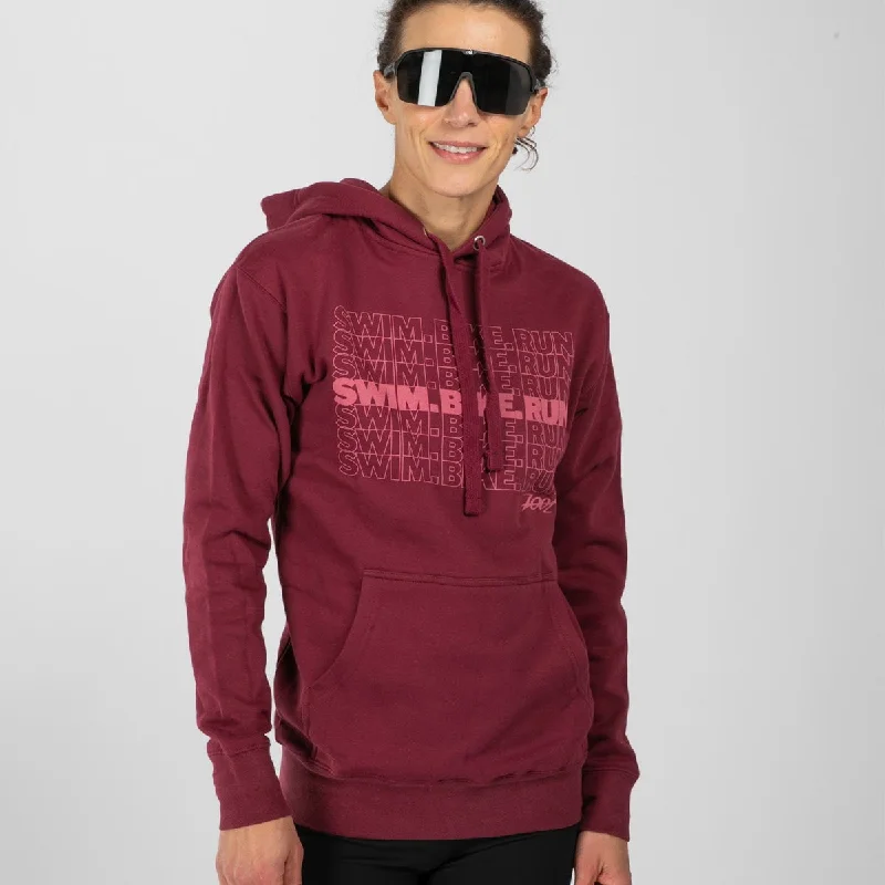 Unisex Swim Bike Run Hoodie - Maroon Hoodie with Frayed Bohemian Relaxed