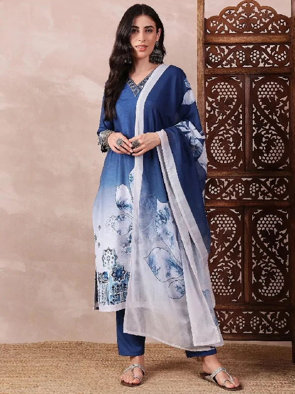 Ahika Women Blue Silk Blend Abstract Printed Straight Kurta Trouser With Dupatta-PKSKD2550BLU Skinny Trousers Denim Stretchy