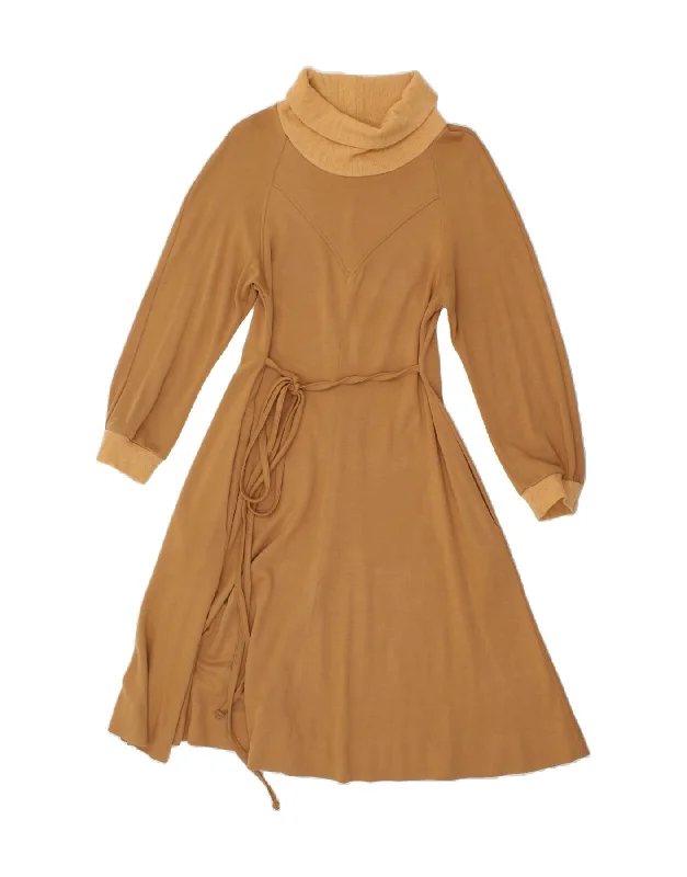 VINTAGE Womens Long Sleeve Roll Neck Jumper Dress UK 10 Small Brown Elasticated Padded Insulated